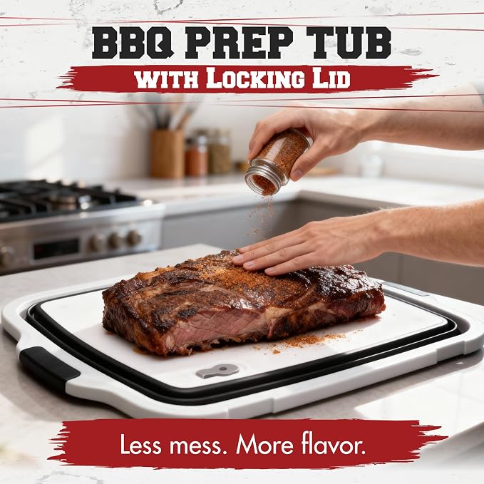 KITCHEN PERFECTION Collapsible XL Smoker & BBQ Prep Tub with Locking Lid | Includes Cutting Board, Meat Marinade & Brine Container For Turkey, Brisket & Ribs - Best Grill Accessories Gifts For Men