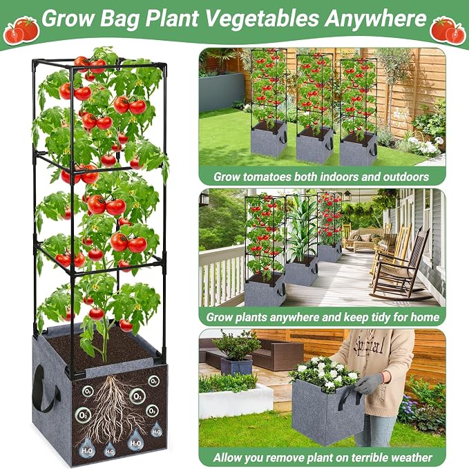 Qinzave 3 Pack Square Tomato Cages with Grow Bags, 42.5 Inch Stable Square Tomato Planter Support Stakes Kit for Garden, Tomato Cages Trellis Pots for Spring Climbing Vegetables Fruits Vines Flowers