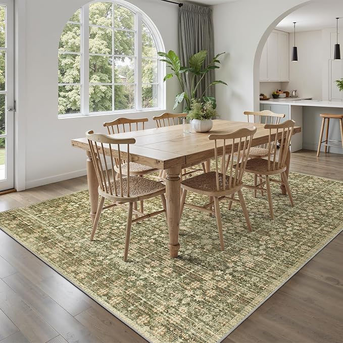 DCX 6x9 Neutral Rug, Kid & Pet Friendly with Rubber Back Non Slip, Machine Washable Stain Resistant Olive Green Floral Rug for Living Room, Bedroom, Soft Low Pile Large Nursery Carpet