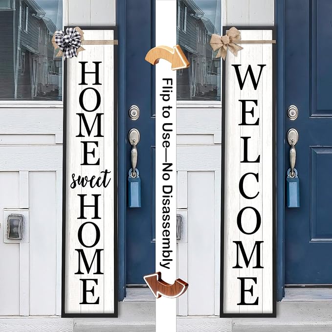 Outdoor 2in1 Welcome Sign for Front Door Home Sweet Home Sign for Farmhouse Tall Outdoor Front Porch Standing 2 Sided 45"X9" Large Vertical Leaner Rustic Outside Decor (Black)