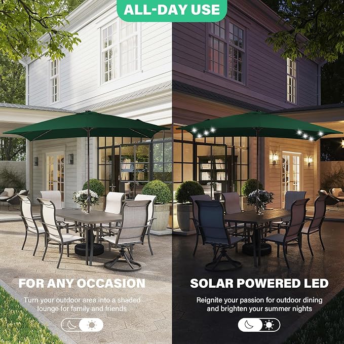 JEAREY 8x10 ft Rectangular LED Lighted Patio Umbrellas Outdoor Solar Table Market Umbrella w/Crank, 8 Sturdy Ribs, UV Protection Waterproof Sunproof(Dark Green)