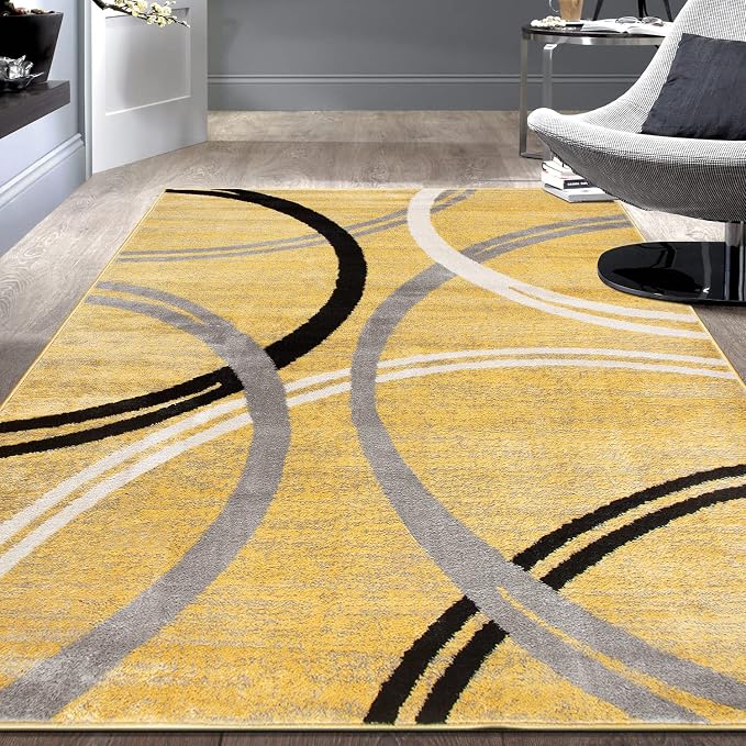 Rugshop Wavy Circles Jute Backing Living Room Area Rug Yellow 5'3" x 7'3" | Rectangular, Size 5'3" x 7'3", Bedroom, Dining Room, Home Office, Kitchen, Entryway, Hallway, Nursery, Kids Room, Guest Room