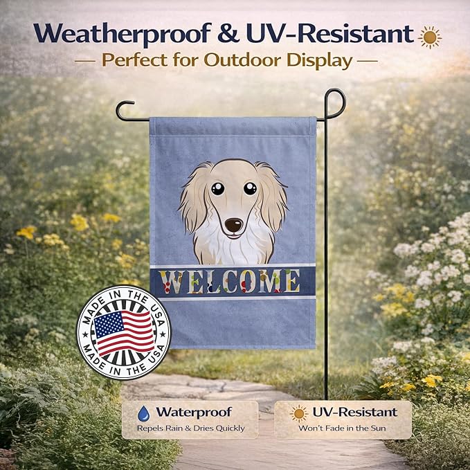 Caroline's Treasures BB1398GF Longhair Creme Dachshund Welcome Garden Flag, Blue Mailbox Flag Decorative Yard Flag Banner Outside Patio Artwork Yard Flower Beds, Garden Size, Multicolor