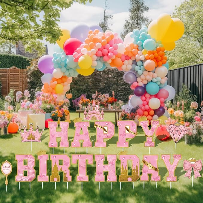 Menkxi 18 Pcs Happy Birthday Yard Signs with Stakes Decorations Themed Party Decorations Ball Birthday Outdoor Lawn Signs for Outdoor Sport Party Supplies (Pink)