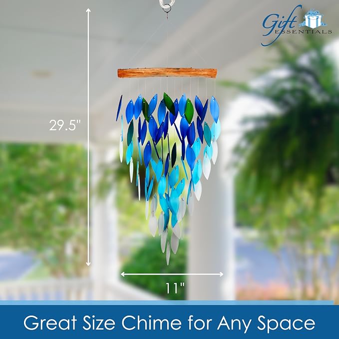 Blue Handworks Ocean Ombre Deluxe Waterfall Glass Wind Chime | Handcrafted Deluxe Waterfall Glass Wind Chime with Ombre Gradient from Deep Royal Blue to Soft Aqua and Frosted White