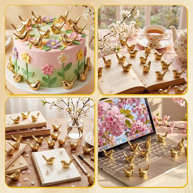 Sieral 150 Pcs Gold Mini Bird Figurines Miniature Resin Bird Statues Small Animal Statues Fairy Garden Accessories for Micro Garden Landscape Dollhouse Cake Potted Plants DIY Craft, 0.59" x 0.67"