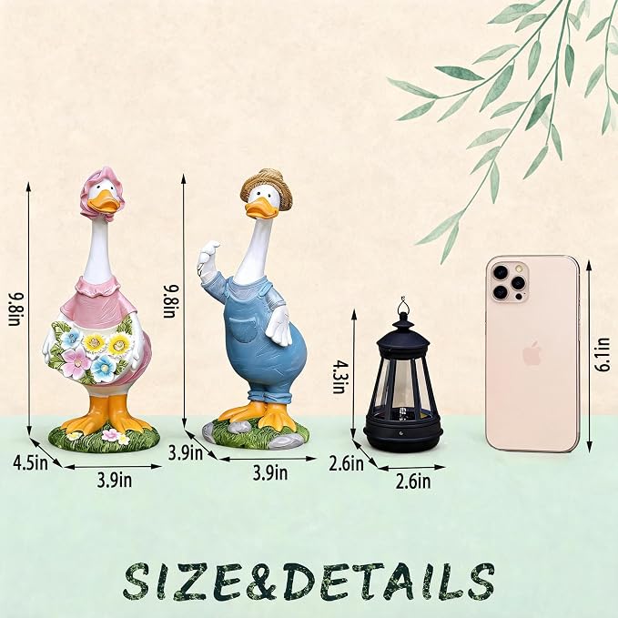 2 Pack Porch Goose Statues, 10 Inch Solar Powered Light Up Resin Garden Statues, Waterproof Outdoor Decor for Patio Lawn, Cute Duck Goose Figurine