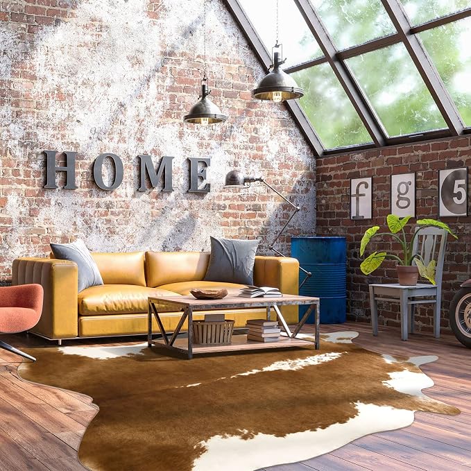 BENRON Faux Cowhide Rug, Cow Print Rug for Living Room Bedroom 5.2x6.2ft | Western cow hide rug for Cowboy Cowgirl Home Decor, Washable Rugs with Irregular Animal Skins and Hides Non Slip, Khaki Brown