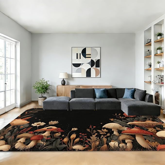 Vintage Mushroom Rug for Living Room 5x7,Fall Forest Flower Machine Washable Area Rug Soft Stain Resistant Floor Large Carpet for Bedroom,Farmhouse,Dining Room,Kids Playroom