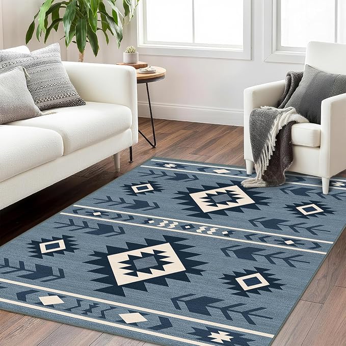 Western Area Rug 4x6 for Living Room, Southwestern Aztec Tribal Area Rugs Southwest Navajo Machine Washable Rug Non-Slip Printed Low-Pile Floor Carpet for Bedroom Dining Room Office, Blue