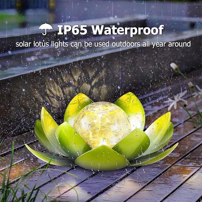 Huaxu Solar Lights Outdoor Garden Decoration Crackle Globe Glass Waterproof LED Metal Green Lotus Flowers Gift for Mom,Women,Patio,Lawn,Walkway,Tabletop,Ground