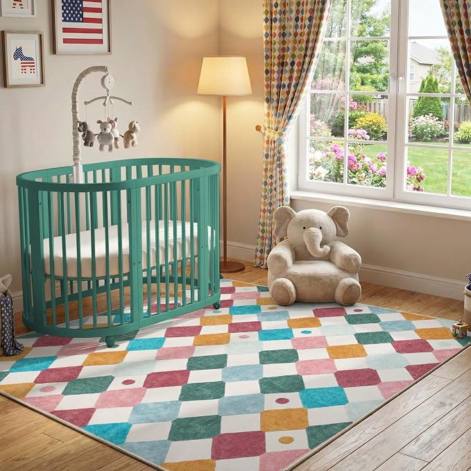 jinchan 6x6 Square Rug Washable Kids Playroom Rug Colorful Playmat Confetti | Soft, Non-Slip, Cute, Kid-Friendly, Checkered Diamond, Nursery, Bedroom, Classroom, Living Room, Daycare, Cream Background