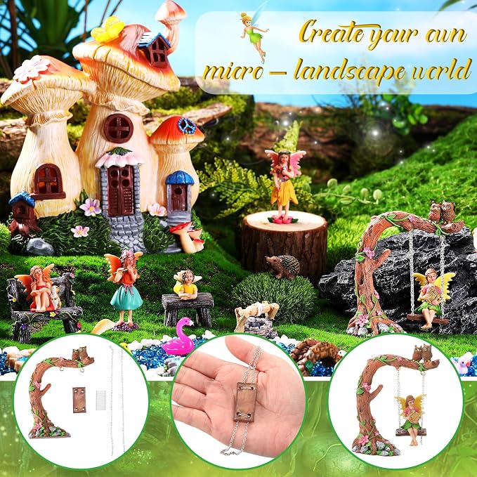 100 Pcs Fairy House Garden Kit Accessories Miniatures Fairy Figures Gnomes Mushroom House Solar Light Resin Dwarfs Statue Micro Landscape Ornaments for DIY Yard Outdoor Decoration