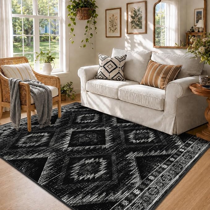 4'x6' Washable Area Rug for Living Room Bedroom Black | Soft Western No Slip Low Pile Print Foldable Indoor for Kitchen Dining Room