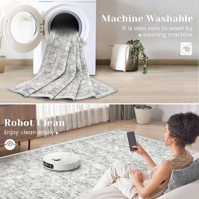 5x7 Area Rugs for Living Room: Washable Vintage Floral Rug Low Pile Non-Slip Boho Carpet for Bedroom Nursery Dining Room (Grey, 5'x7')