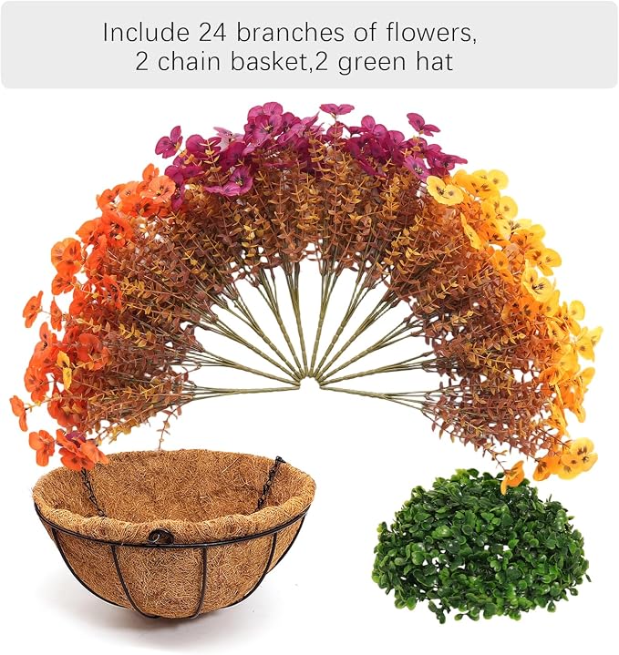 2 Set Artificial Fall Hanging Flower Baskets for Outdoor Autumn Decor, 2 Fall Hanging Baskets with 24Pcs Silk Fake Mums Plants for Front Porch Garden Patio Balcony Yard Home Decoration