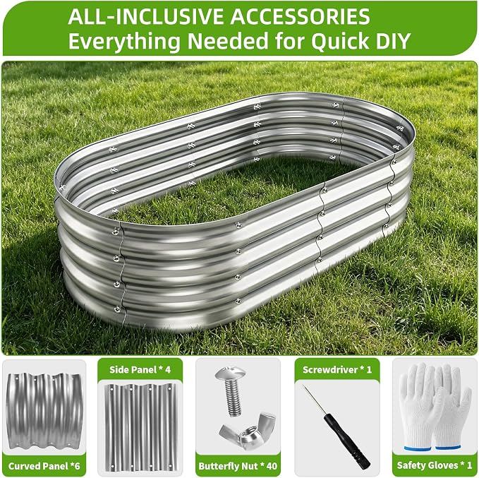 Galvanized Oval Raised Garden Bed, 4 x 2 x 1 ft 2-Pack, Metal Planter Box with Open Base. DIY Outdoor Gardening Kit for Backyard & Patio, Ideal for Vegetables, Flowers & Herbs, Silver