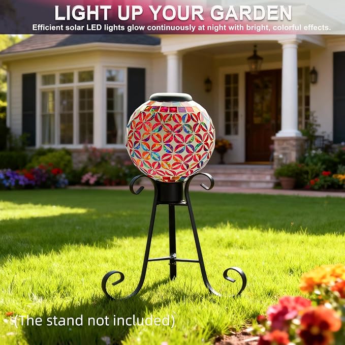 VOREEN 8” Solar Mosaic Garden Ball, Colorful Glass Outdoor Globe with Solar Light, IP44 Waterproof Yard Decor Sphere for Patio Lawn Pathway, All-Weather, Auto On/Off