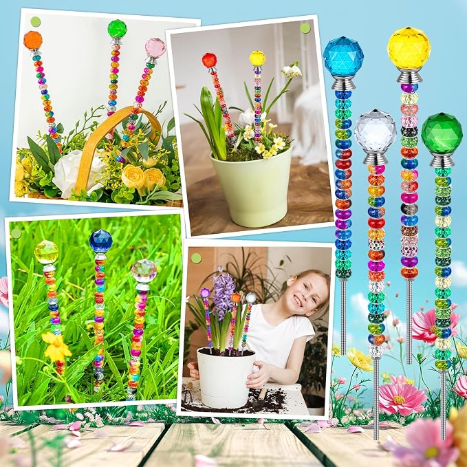 230 Pcs Beaded Garden Stakes, DIY Fairy Wand Garden Stake Beads Kits with 200 Colorful Assortment Round Large Hole Beads with 10 Round Stopper Top, 10 Threaded Rod and 10 Nuts for Outdoor Decoration
