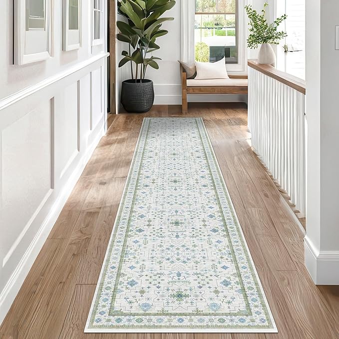 Oushak 3x12 Wide Hallway Runner Rug - Vintage Turkish Floral, Washable Low Pile Non Slip 12ft Long Runners for Large Kitchen, Hall Way - Light Blue and Green