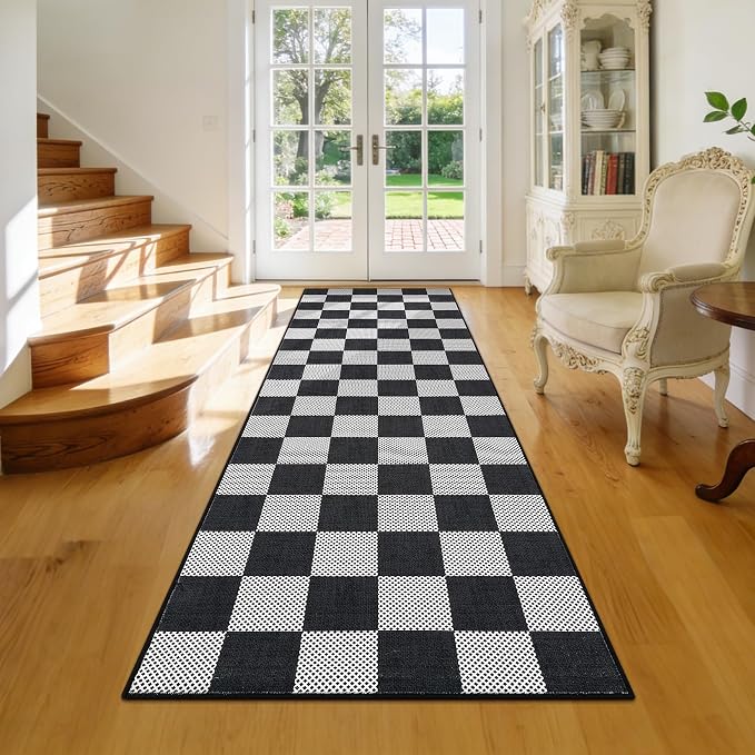 GarveeHome Checkered Black and White 2x3 Washable Rug Low-Pile Door Mat | Small Black and White Soft Stain Resistant Rug for Entryway Bedroom Bathroom Kitchen Non-Slip TPE Backing