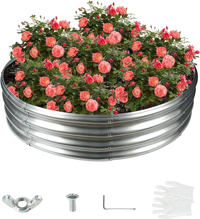 YSEJOMP 4FT Diameter Galvanized Garden Raised Bed/Plant Box/Fire Pit Ring-0.8mm Thick,12 Inch Tall,Crimped Edge and Corner,No Sharpe,Perfect for Plantings (Silver, 48 Dia X 11.5 inches)