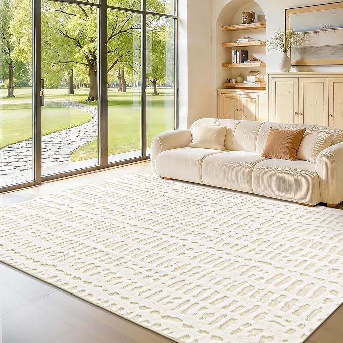 Yamaziot Washable 6x9 Area Rugs for Living Room Non Slip Ivory Beige | Modern High-Low Textured Geometric Pattern, Soft Fluffy, Neutral, Minimalist Floor Carpet for Bedroom Dining Room Kids Room