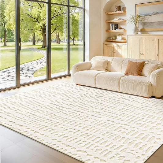 Yamaziot Washable 6x9 Area Rugs for Living Room Non Slip Ivory Beige | Modern High-Low Textured Geometric Pattern, Soft Fluffy, Neutral, Minimalist Floor Carpet for Bedroom Dining Room Kids Room
