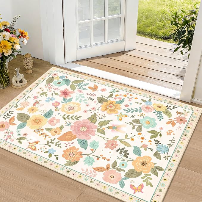 RELEANY Floral Washable 2x3 Area Rugs Doormat Beige/White/Orange | Flower Carpet, Print, Boho, Non-Slip, Easy to Clean, Soft, Low Pile for Living Room Bedroom Kitchen Office Entryway Hallway