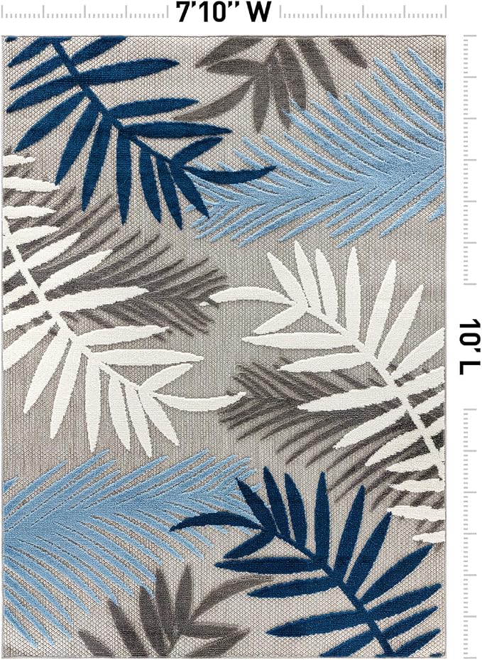 Rugshop Indoor/Outdoor Palm Leaf Area Rug, Non-Shedding Easy-Care Design for Backyard, Deck and Outdoor Lounge, Blue, 7'10" x 10'