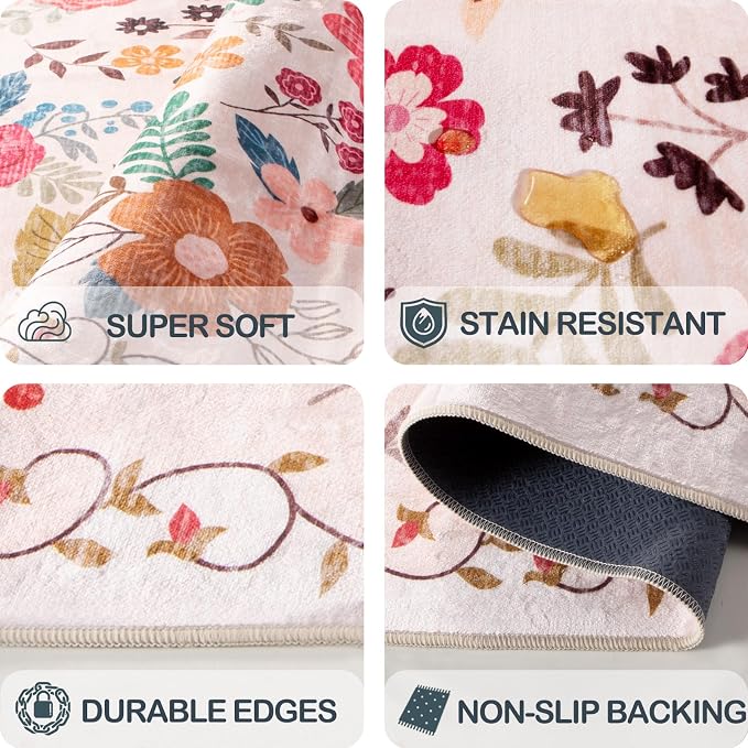 Washable Beige Red 2'6" x 8' Runners for Hallways, Non Slip Long Floor Runner for Kitchen, Entryway Indoor, Stain Resistant Rubber Backing Floral Décor Rug