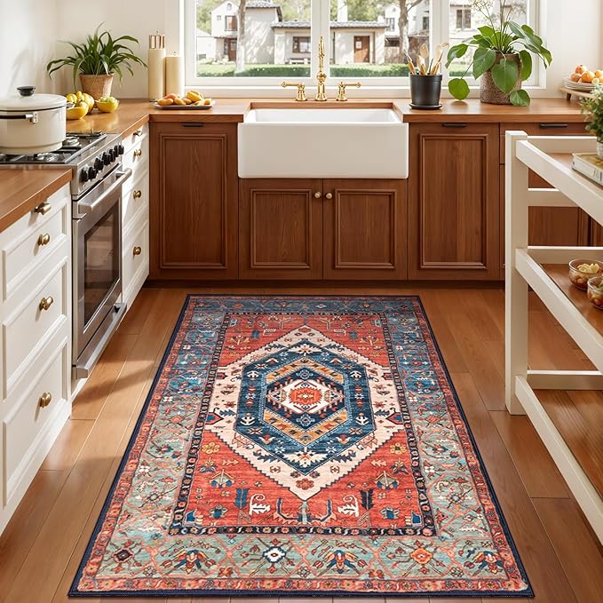 SERISSA 3x4 Washable Non Slip Boho Area Rug for Entryway，Rust | Ultra Soft Vintage Oriental Carpet Low-Pile Large Distressed Tribal Indoor Entrance Carpet for Bedroom Living Room Dorm Decor