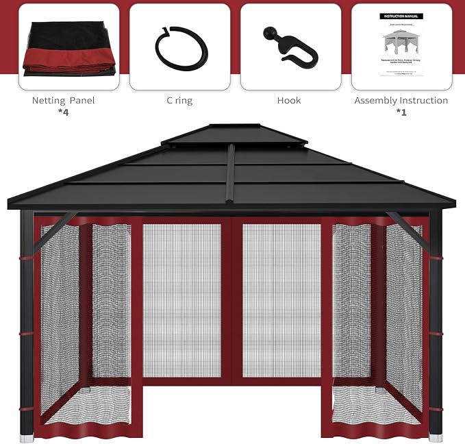 Gazebo Replacement Mosquito Netting Outdoor Universal Gazebo Canopy 4-Panels Screen Sidewalls with Zipper for Patio Garden (Red, 10x12)