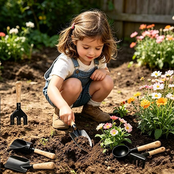 6PCS Black Kids Gardening Tools- Metal Head & Wood Handle- 8" Long Mini Rake & Shovel, Spoon & Fork- Funny Outdoor Play for Garden, Yard, Beach, Sand Box- Montessori Toys for Learning Plant, Digging