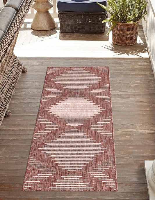 Unique Loom Outdoor Modern Collection Area Rug - Tambor (2' x 8' Runner, Rust Red/ Ivory)