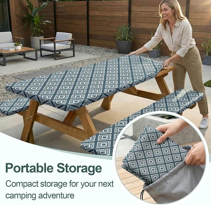 Play Tailor Picnic Table Cover with Bench Covers Camping Essentials Waterproof Windproof Camping Tablecloth with Drawstring Bag, Fitted Rectangle Tables and Seats, 72in, Blue Green Plaid