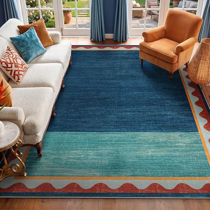 Mid-Century Washed Style Area Rug 6x9, Washable Carpet for Living Room, Non-Slip Low Pile Soft Rug for Bedroom, Kitchen, Entryway, Retro Teal