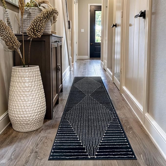Rugshop Contemporary Bohemian Stripe Runner Rug 2'3" x 12' Black | Jute Backing, Soft Medium Pile, Stain Resistant, No Shedding, Hallway, Kitchen, Entryway, Foyer, Staircase, Corridor