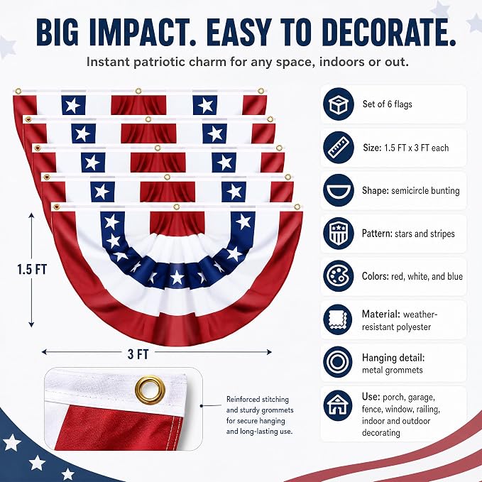 6 Pack USA Pleated Fan Flags - 1.5x3FT American Flag Bunting for Outside, Red White Blue Bunting Banner with Brass Grommets, Patriotic Porch Decor for Independence Day, July 4th, Memorial Day