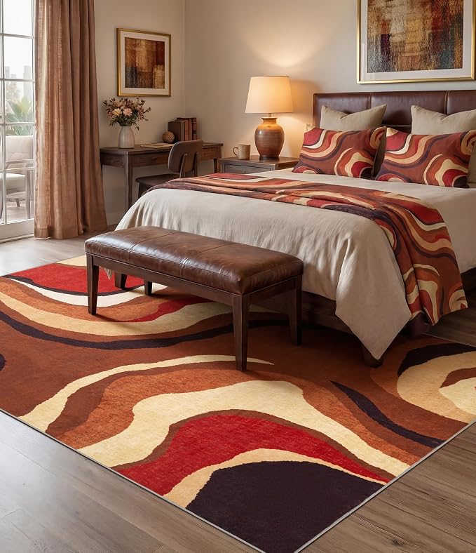 Burnt Orange Rug 6x9 Washable,Alfombras para Salas,Farmhouse Brown Retro Carpets,Geometric Abstract Wavy Rug for Living Room,Unique Colorful Rugs for Bedroom,Dining Room