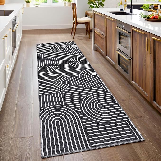 ROYHOME Modern 2.5x8 Hallway Runner Rug Non Slip Soft Kitchen Rug, Black | Abstract Washable Mat, Rainbow Geometric Runners Rugs for Bedroom, Long Rugs for Entryway Arch Pattern Bathroom Laundry Dorm