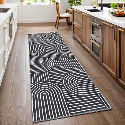 ROYHOME Modern 2.5x8 Hallway Runner Rug Non Slip Soft Kitchen Rug, Black | Abstract Washable Mat, Rainbow Geometric Runners Rugs for Bedroom, Long Rugs for Entryway Arch Pattern Bathroom Laundry Dorm
