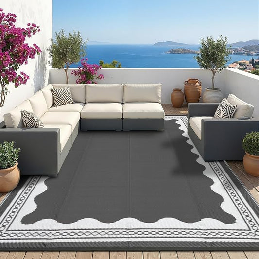Garvee Outdoor Rug 8x10 Scalloped Waterproof Patio RV Outdoor Rugs Reversible Foldable Plastic Straw Rug Modern Camping Carpet for Deck Camper Porch Balcony Backyard Picnic Beach Grey
