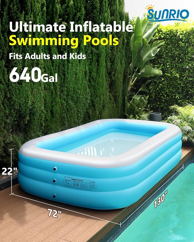 Inflatable Pool for Kids and Adults-130"*72"*22" Full-Sized Inflatable Swimming Pool Leakproof Blow Up Above Ground for Backyard Outdoor Garden Summer Water Party Blue