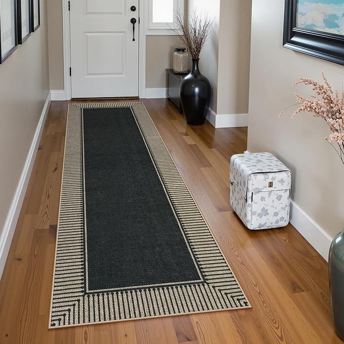 Moynesa Washable Black Striped Border Easy Jute Runner Rugs 2x6, Entryway Rug Runners for Kitchen, Farmhouse Indoor Outdoor Non Slip Carpet for Hallways Bathroom Bedroom Laundry