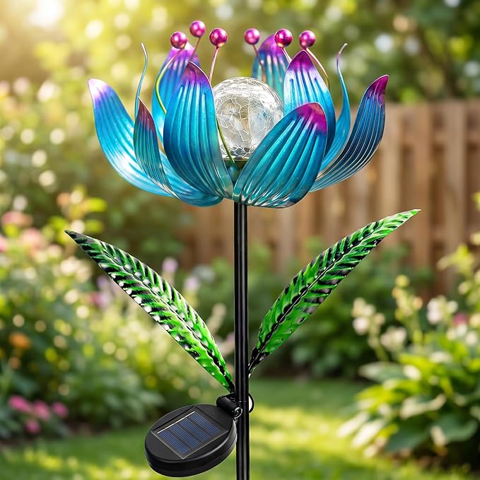 38 Inch Solar Wind Spinner Outdoor, Kinetic Lotus Yard Art with Glass Light | Glowing Crackle Glass Light And 360° Spinning Lotus Petals Create Vibrant Garden Decor For Patios, Lawns And Pathways