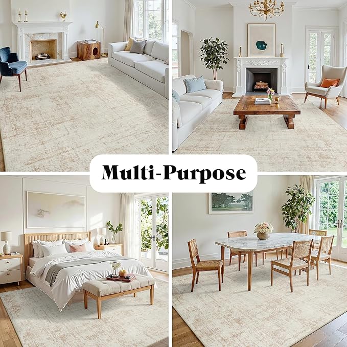 10x12 Area Rug for Living Room Bedroom: Non-Slip Modern Beige White | Machine Washable TPR Backing, Stain-Resistant Low Pile, Pet & Kid Friendly, Abstract Decor for Dining Room, Dorm, Home Office