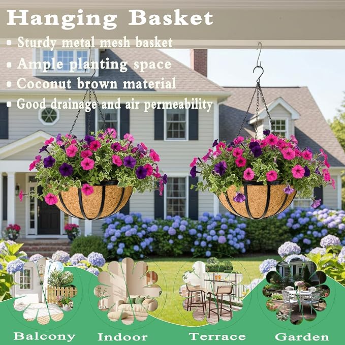 2 Pack 12 Inch Hanging Planters for Outdoor Plants Metal Hanging Planter Basket with Coco Coir Liner Round Plant Black Flat Iron Metal Flower Pots for Deck Patio Porch Garden Balcony