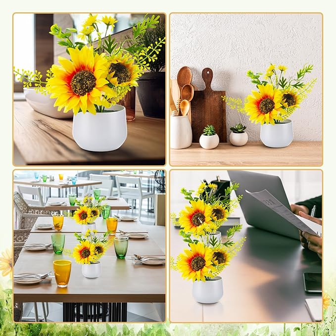 Zeyune 8 Pcs Sunflower Potted Plants Rustic Summer Spring Kitchen Wedding Table Centerpieces Silk Yellow Fake Flower with Plastic Pot for Home Bathroom Office (Classic,Sunflower)