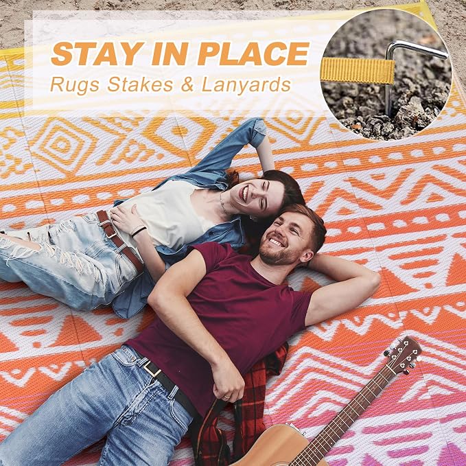 Lahome Outdoor Rug Waterproof, 6x9 Reversible Outdoor Plastic Straw Rug for Camping, RV Patio Rugs Large Carpet for Porch Deck Backyard Balcony Picnic(Orange/Purple,6'x 9')